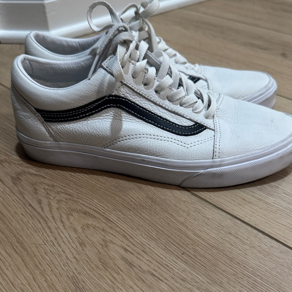 Vans White Leather Sneakers with Black Accents